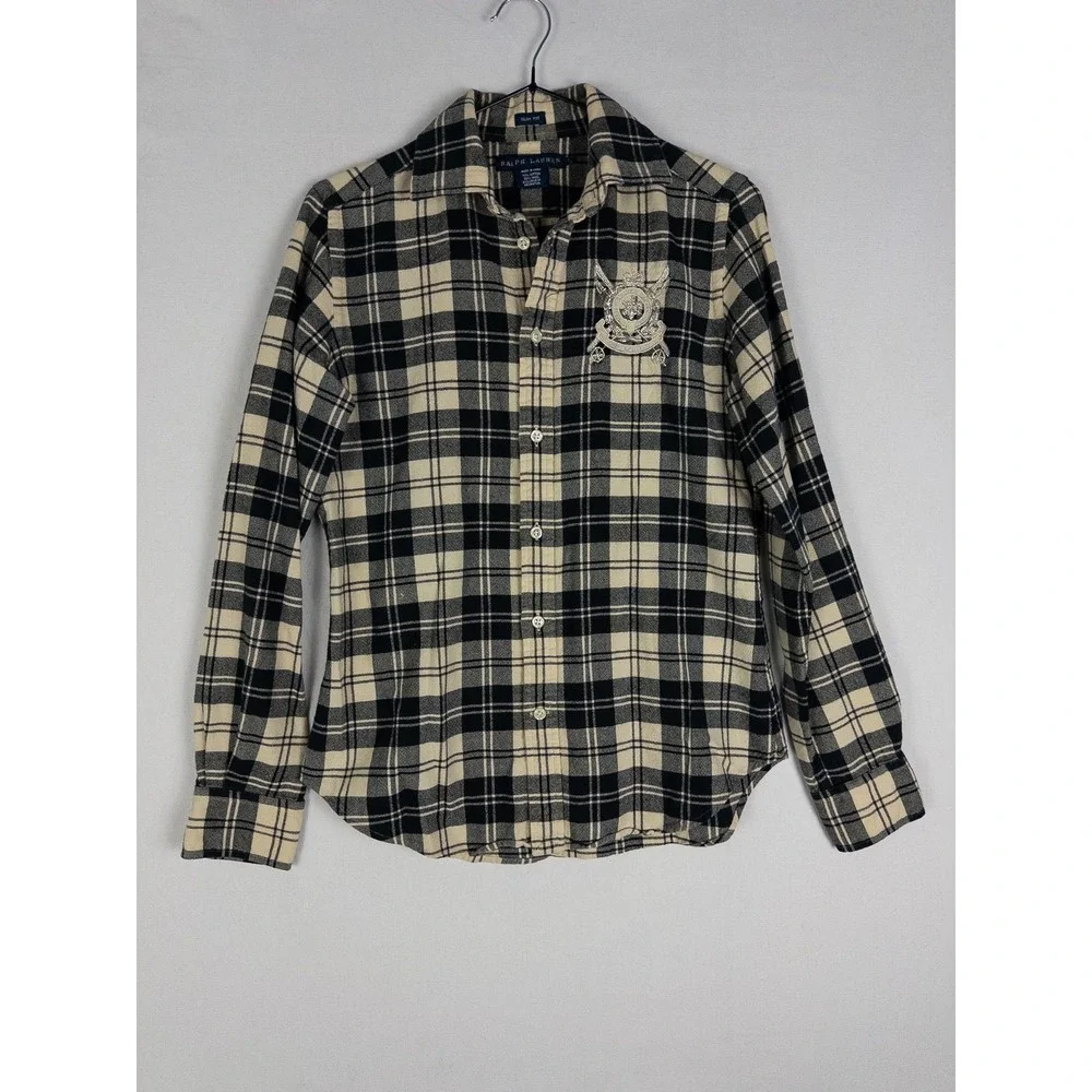 VTG Polo Ralph‎ Lauren Shirt Womens 9/M Plaid Crest Slim Wool Blend Button Up